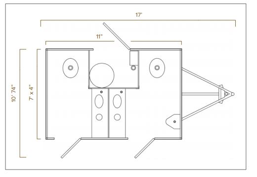 Dimensioned floor plan of a 2-station bathroom trailer with two private rooms, The Lavatory Los Angeles