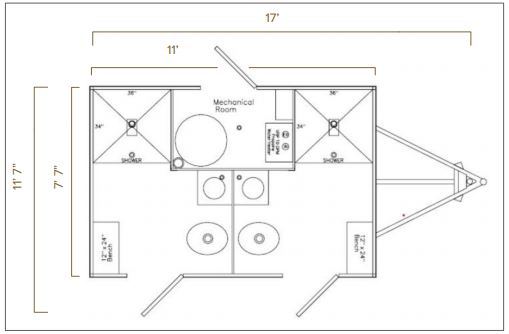 Floor plan of a 2-station combo trailer with two private rooms, each with a shower, toilet and sink, The Lavatory Los Angeles