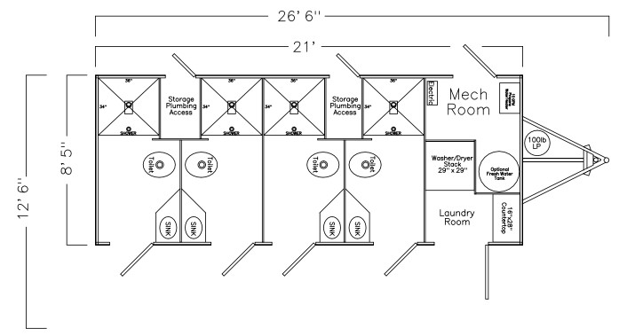 Floor plan of a 4-station combo trailer with showers, bathrooms and a laundry room, The Lavatory Los Angeles