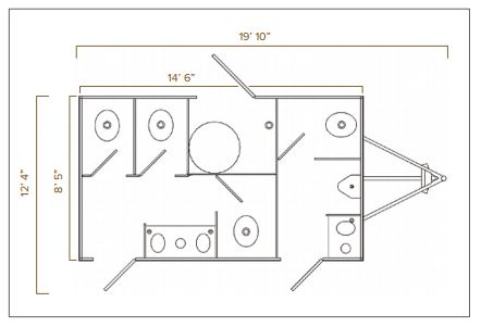 Dimensioned floor plan of a 5-station luxury bathroom trailer with private stalls and sinks, The Lavatory Los Angeles