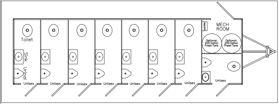Floor plan of an 8-station private bathroom trailer showing eight unisex rooms with a toilet, sink and urinal in each and a mechanical room at the front, The Lavatory Los Angeles