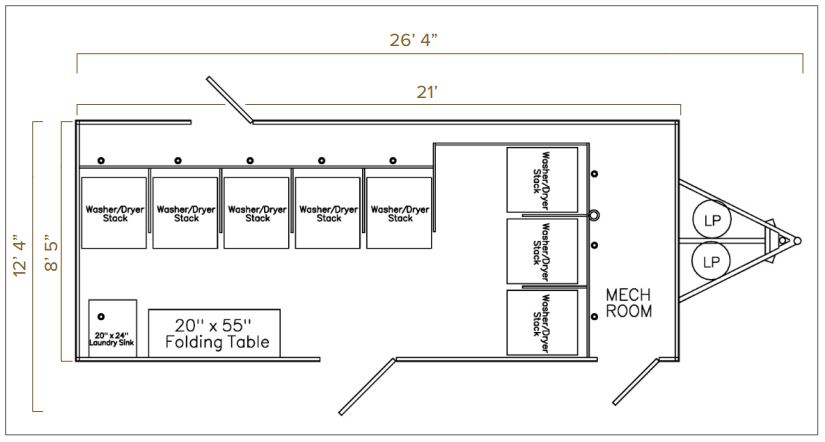 Floor plan of an 8-station mobile laundry trailer with washer dryer stacks and folding table, The Lavatory Los Angeles