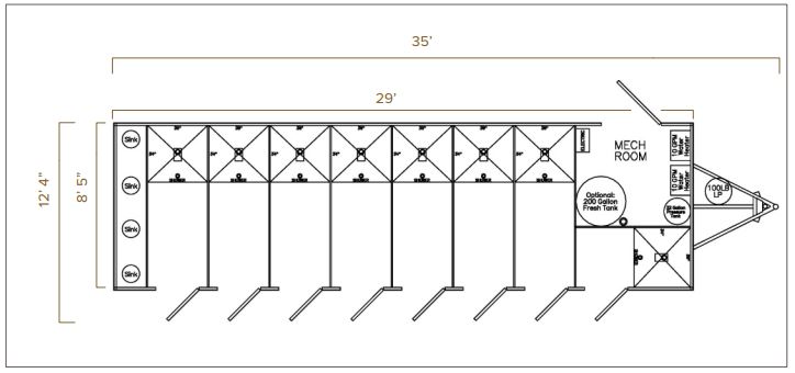 Floor plan of the 8-station private shower trailer showing eight shower rooms, the mechanical room and the tongue, The Lavatory Los Angeles