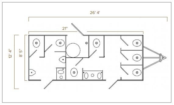 Dimensioned floor plan of a 9-station portable bathroom trailer with stalls, urinals and sinks, The Lavatory Los Angeles