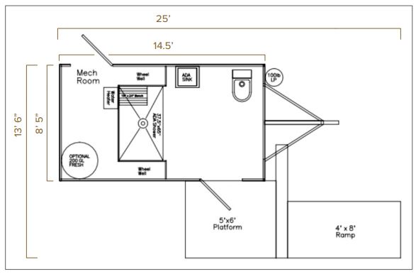 Floor plan of an ADA combo trailer with roll-in shower, toilet, platform and ramp, The Lavatory Los Angeles
