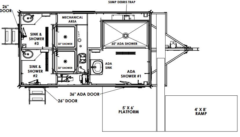 Floor plan of an ADA plus 2 shower trailer with ADA shower, platform and ramp, The Lavatory Los Angeles