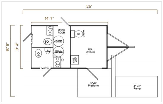 Floor plan of an ADA plus 2 trailer with the unisex accessible room, platform and ramp, The Lavatory Los Angeles