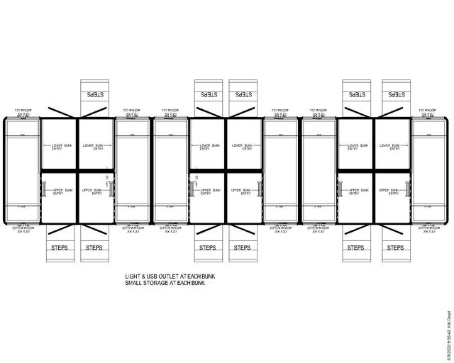 Floor plan of a 12-station bunkhouse sleeper trailer showing upper and lower bunk entries and steps on both sides, The Lavatory Los Angeles