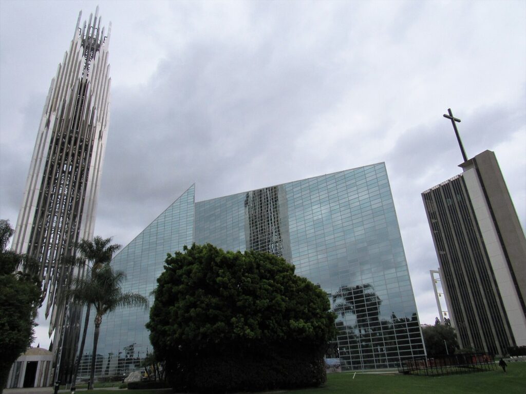 Christ Cathedral's glass walls and bell tower on the cathedral campus in Garden Grove, CA, The Lavatory Los Angeles