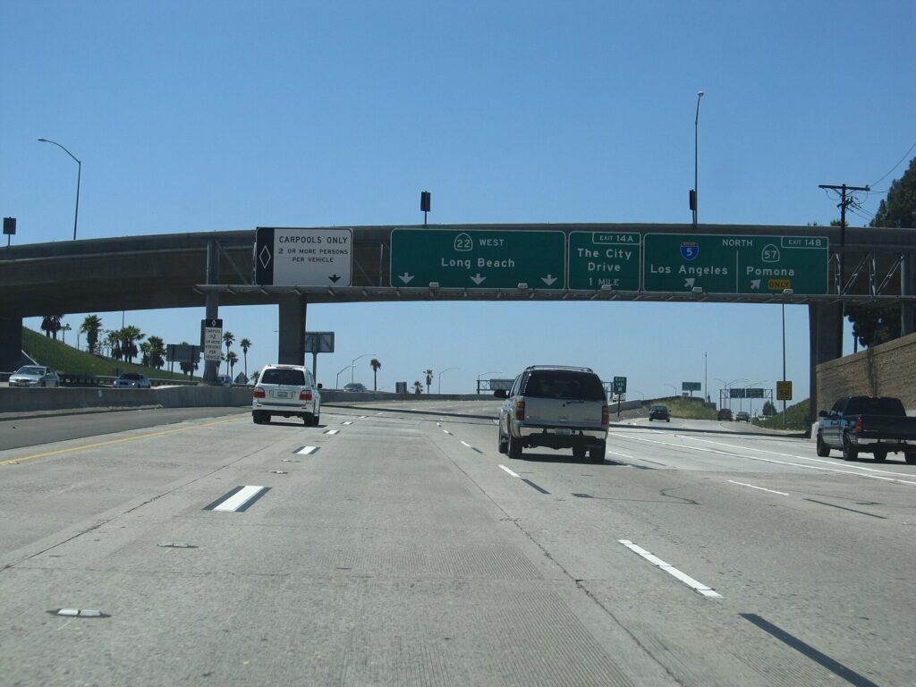Westbound Garden Grove Freeway, State Route 22, near the I-5 and SR-57 interchange in Orange County, The Lavatory Los Angeles