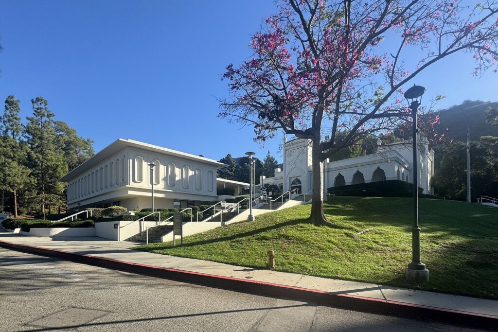 Brand Library and Art Center in Brand Park, Glendale, with a flowering tree on the lawn, The Lavatory Los Angeles