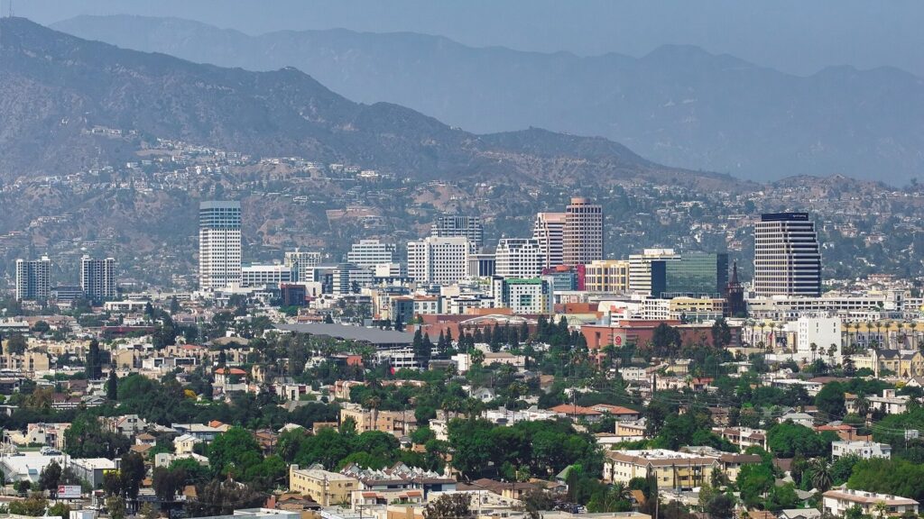 Downtown Glendale office towers with the Verdugo and San Gabriel Mountains behind them, The Lavatory Los Angeles
