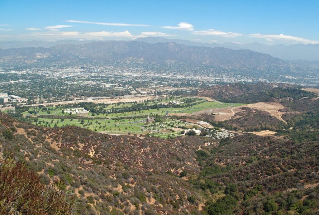 Dry chaparral hills looking across the valley toward the Verdugo Mountains near Glendale, The Lavatory Los Angeles