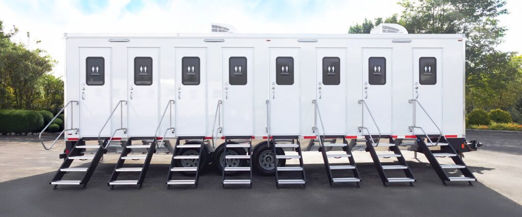 Luxury 8-station bathroom trailer with a fold-down step at every private door, The Lavatory Los Angeles