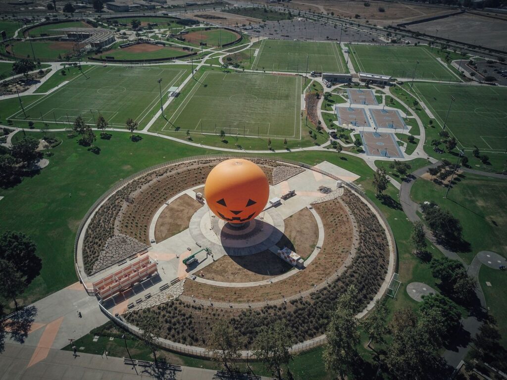 Aerial view of the Great Park balloon and sports fields in Irvine, CA, The Lavatory Los Angeles