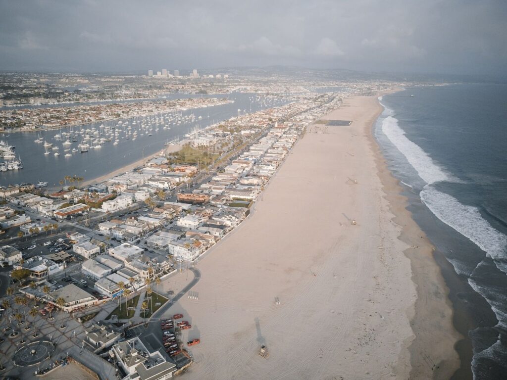 Aerial view of the Balboa Peninsula and harbor in Newport Beach, CA, The Lavatory Los Angeles