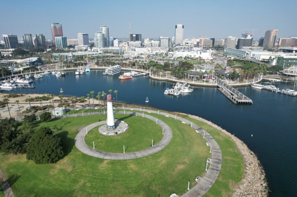 Lions Lighthouse lawn and Rainbow Harbor with the Long Beach Convention Center behind, The Lavatory Los Angeles