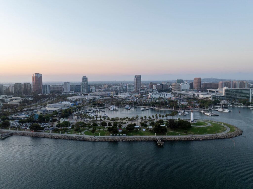 Shoreline Aquatic Park, Rainbow Harbor and the Downtown Long Beach skyline at dusk, The Lavatory Los Angeles