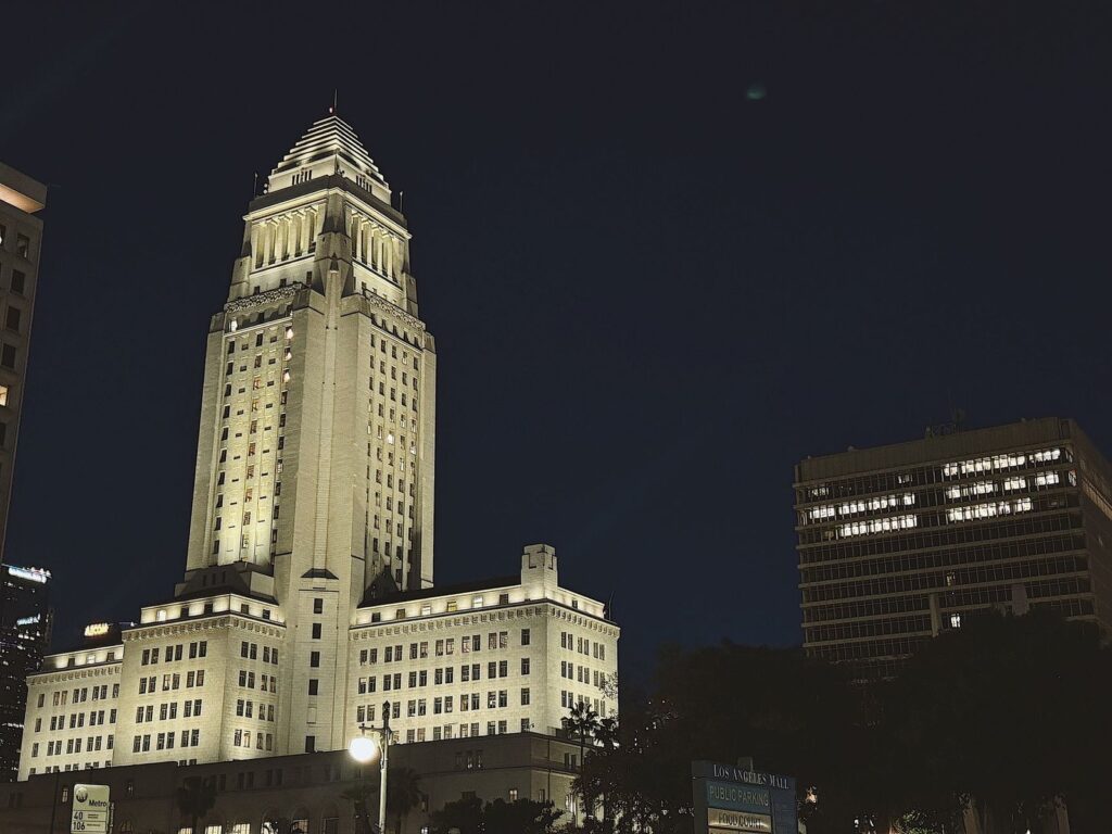 Los Angeles City Hall lit up at night in the Civic Center, The Lavatory Los Angeles