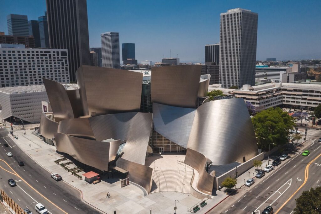 Walt Disney Concert Hall on Grand Avenue in Downtown Los Angeles seen from above, The Lavatory Los Angeles
