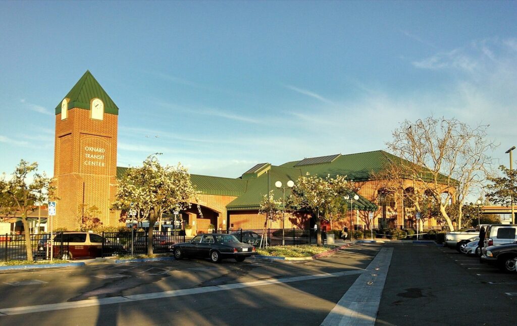 Brick clock tower and green roof of the Oxnard Transit Center in Downtown Oxnard, CA, The Lavatory Los Angeles