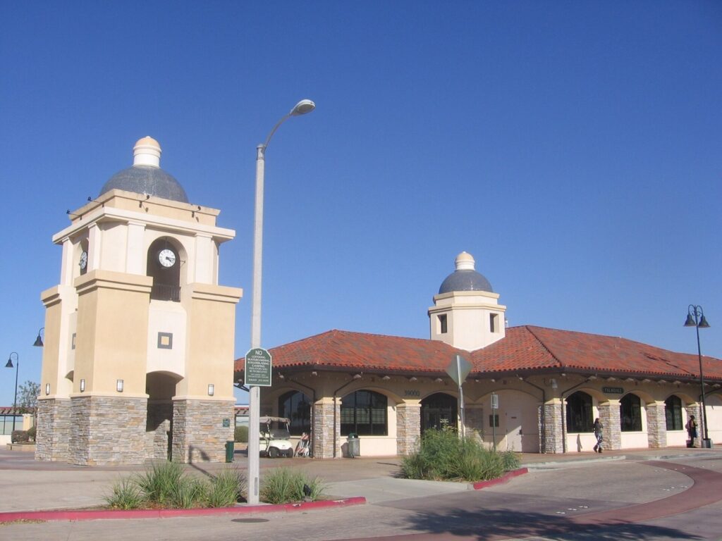 Clock tower and red tile roof of the Palmdale Transportation Center in Palmdale, CA, The Lavatory Los Angeles