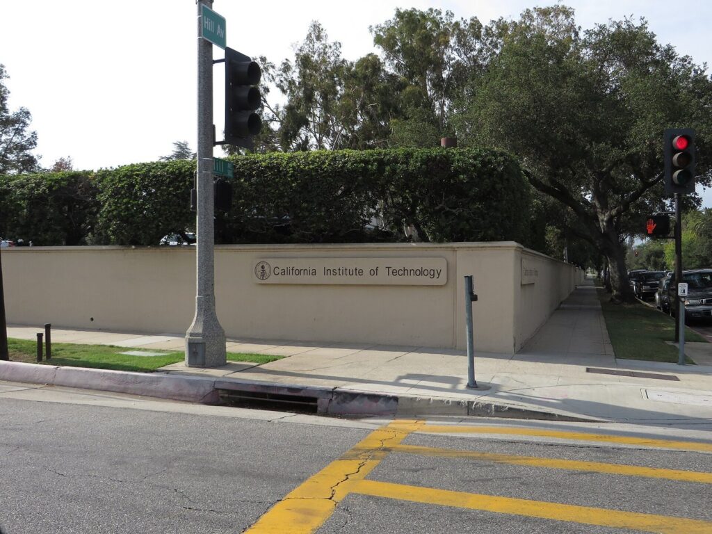 California Institute of Technology wall and sign at Hill Avenue under big shade trees, Pasadena, CA, The Lavatory Los Angeles