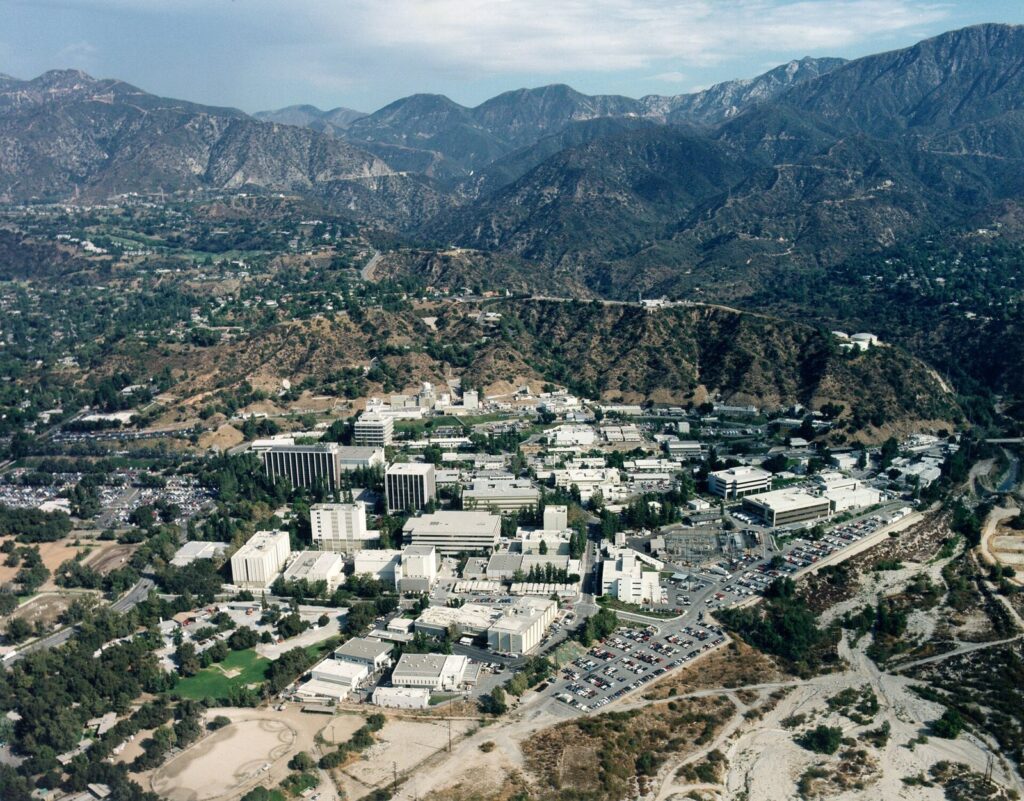 Aerial view of the NASA Jet Propulsion Laboratory campus at the foot of the San Gabriel Mountains near Pasadena, CA, The Lavatory Los Angeles