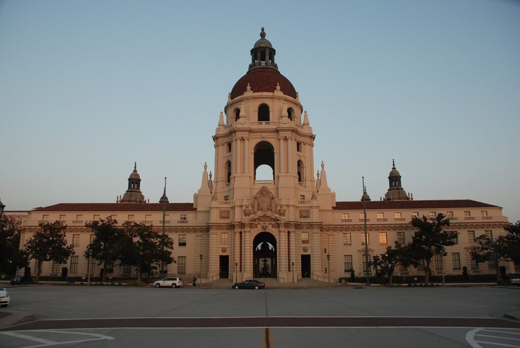 Pasadena City Hall with its domed tower in the evening light, Pasadena, CA, The Lavatory Los Angeles