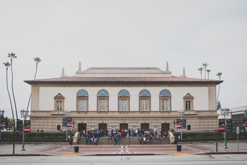 People lining the front steps of the Pasadena Civic Auditorium before a show, Pasadena, CA, The Lavatory Los Angeles