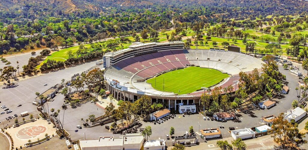 Aerial view of the Rose Bowl Stadium with Brookside Golf Course and the Arroyo Seco hills behind it, Pasadena, CA, The Lavatory Los Angeles