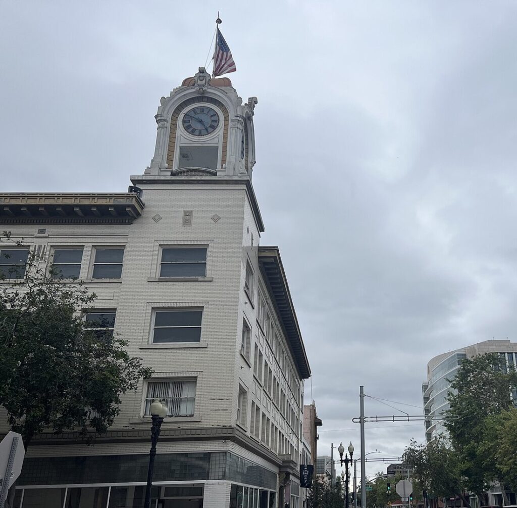 Historic clock tower building on Fourth Street in Downtown Santa Ana, The Lavatory Los Angeles