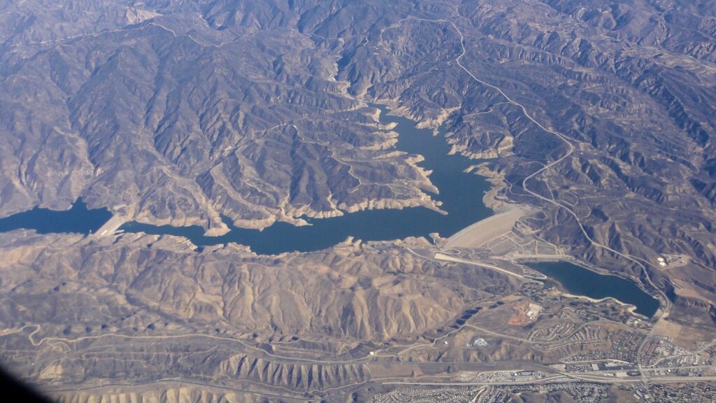Aerial view of Castaic Lake, its dam and the lower lagoon above Castaic near Santa Clarita, CA, The Lavatory Los Angeles