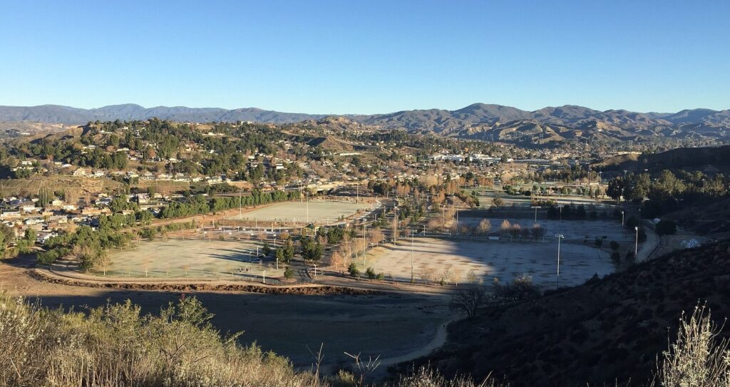 Sports fields at Central Park in Saugus seen from the hillside on a winter morning, Santa Clarita, CA, The Lavatory Los Angeles