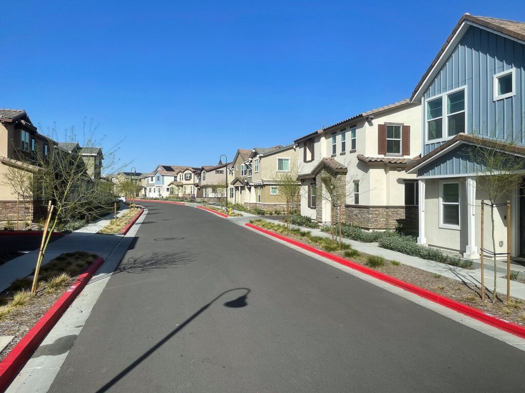 New homes along a freshly landscaped street in Vista Canyon, Canyon Country, Santa Clarita, CA, The Lavatory Los Angeles